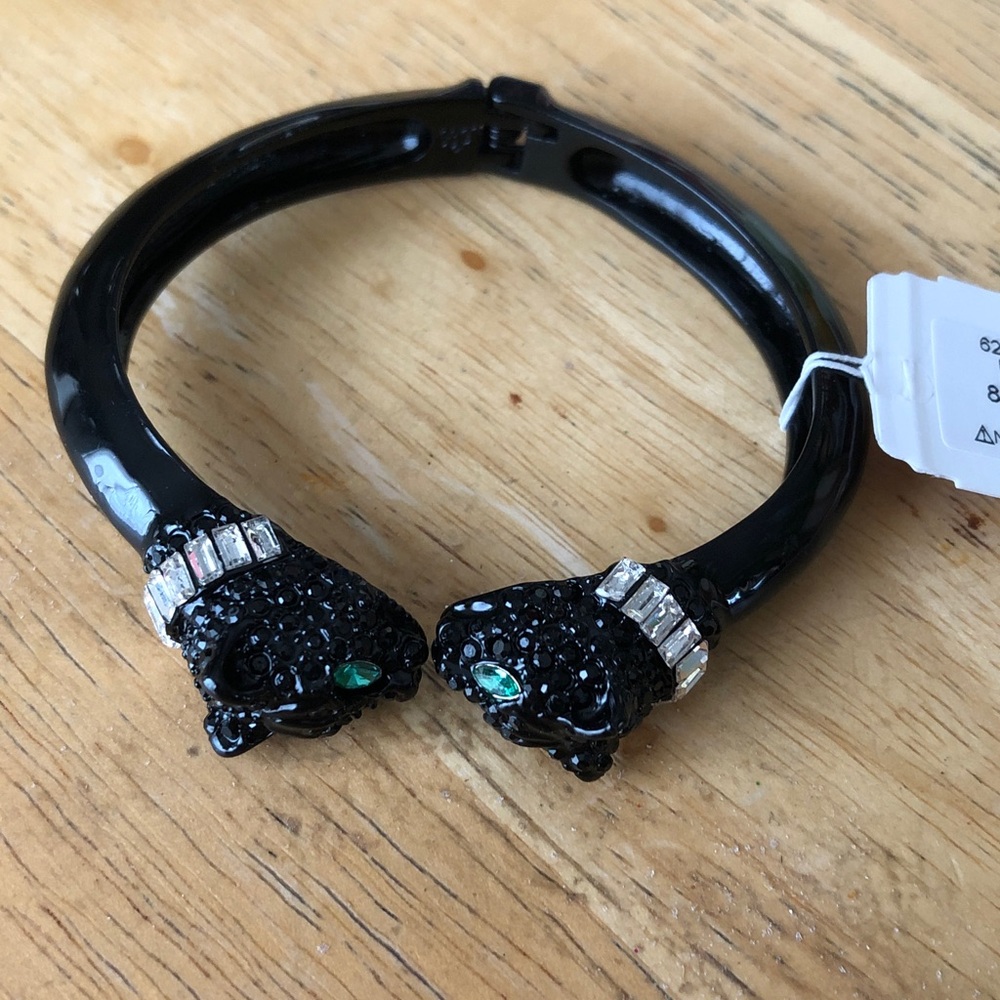 Betsey Johnson Shiny Double Black Panther Hinged Bangle Crystal Accents NWT